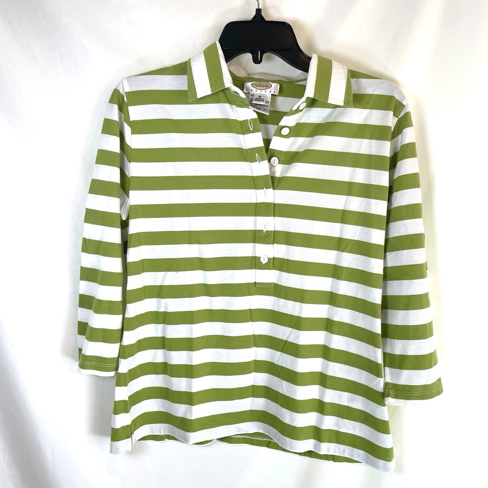 Womens Talbots Polo Shirt White Green Stripesโ 3/4 Sleeve Medium Collared Preppy